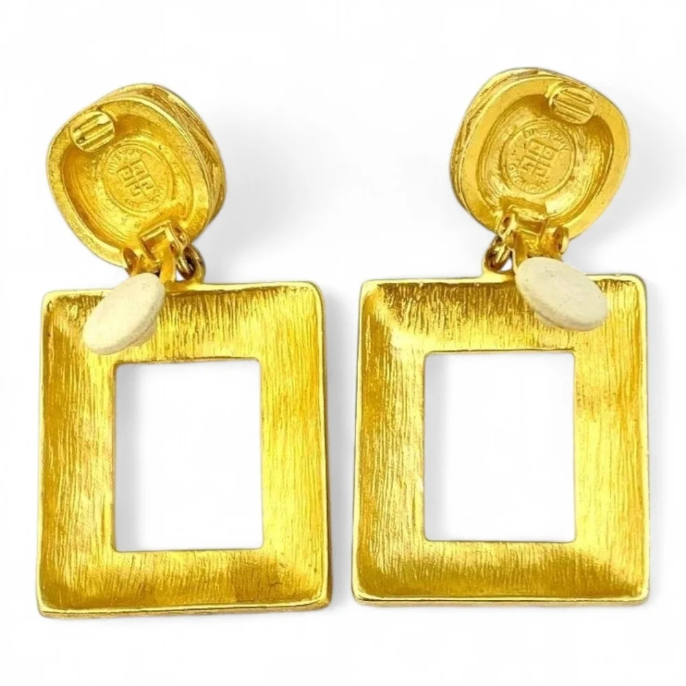 GIVENCHY Modernist Square Open Gold Frame Earrings & Blue Cabochon Stones
